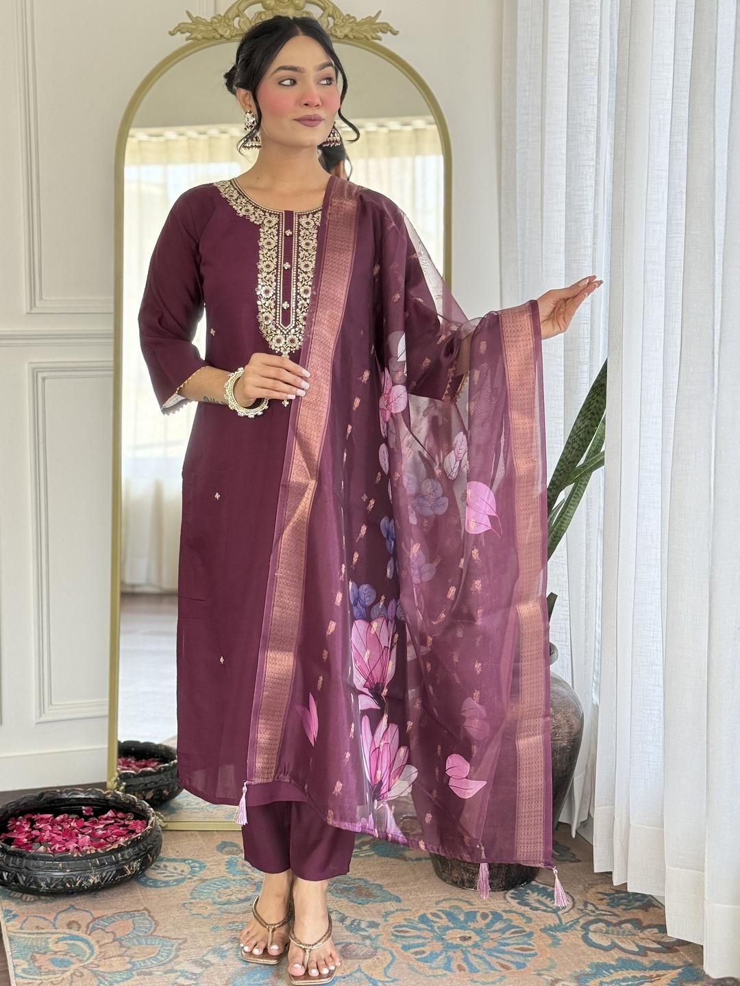 CaniBani Women Maroon Embroidered Viscose Rayon Kurta With Trousers & Dupatta Set