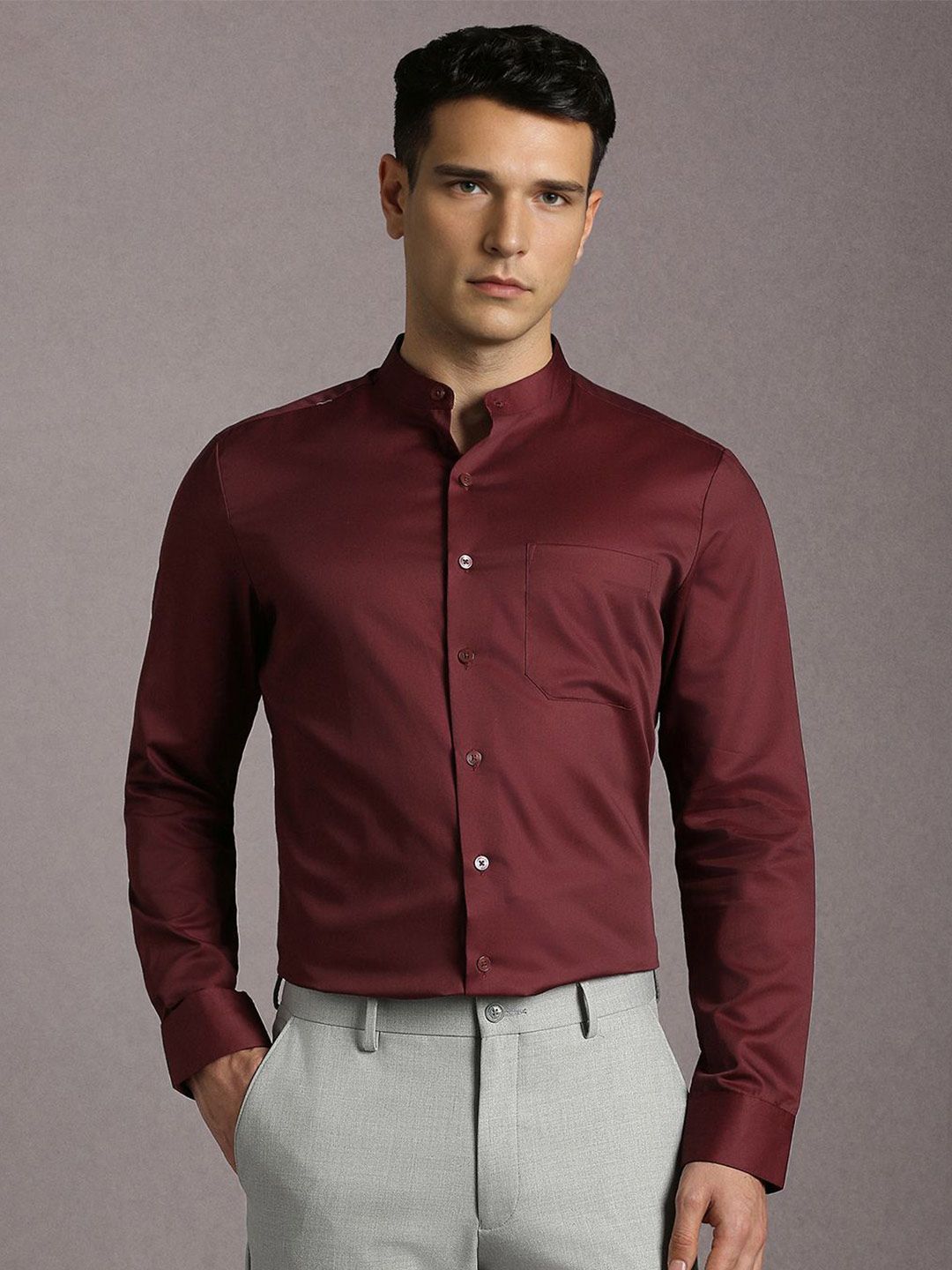 Louis Philippe Men Solid Band Collar Pure Cotton Formal Shirt-picture-22