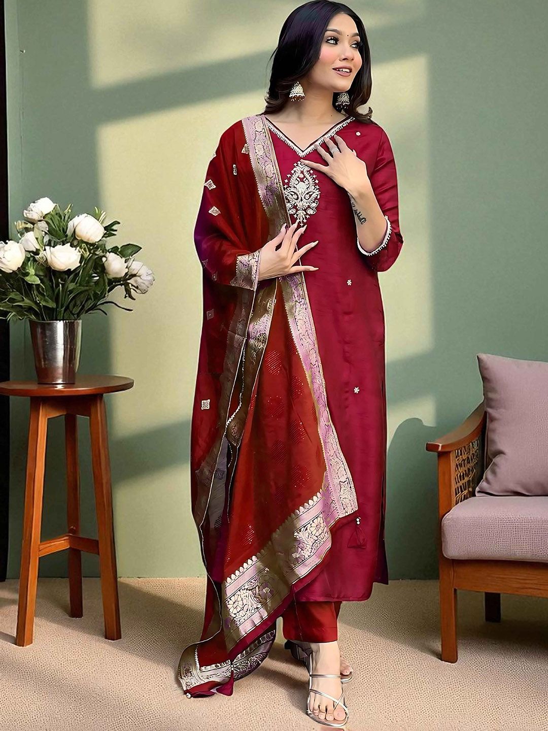 Sangria Women Embroidered Pure Cotton Straight Kurta Pyjama & Dupatta Kurta Set