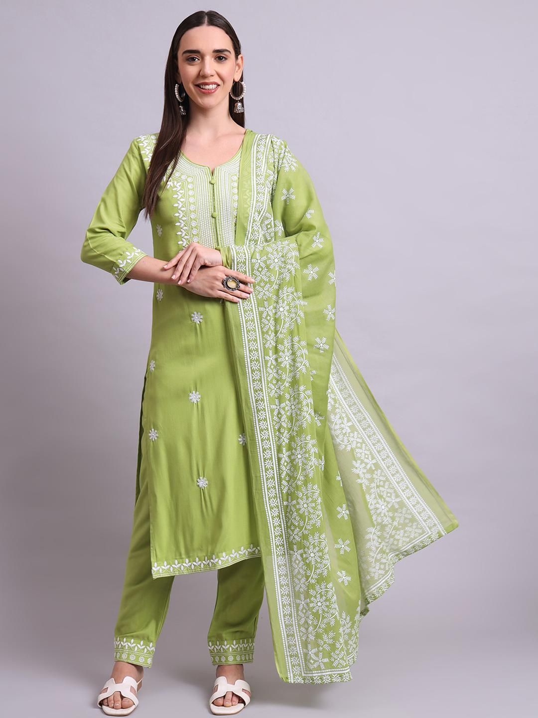 Angkor Embroidered Regular Thread Work Pure Cotton Kurta with Palazzos & With Dupatta