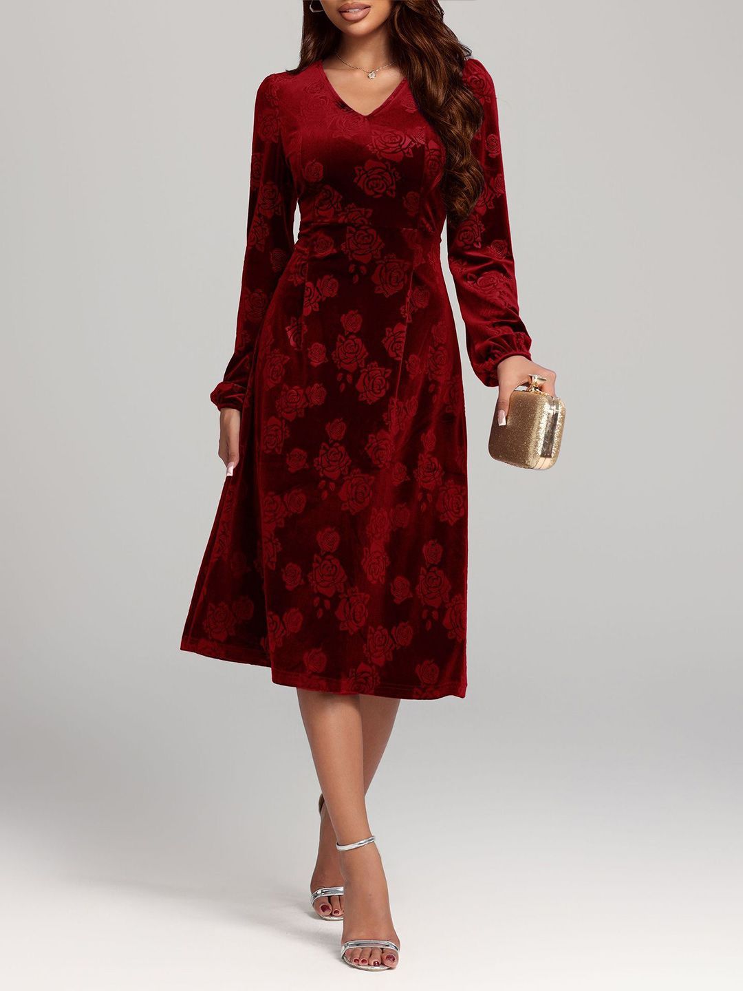 HERE&NOW Floral Design Puff Sleeve Fit & Flare Dress-picture-41