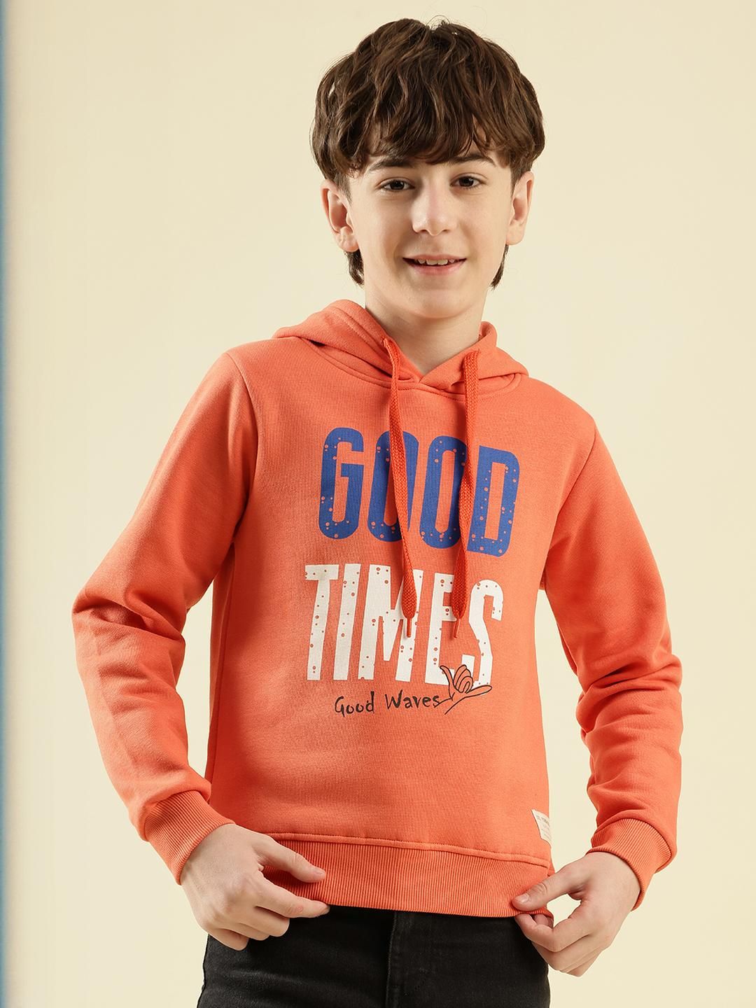 Lil Tomatoes Boys Orange Printed Hooded Sweatshirt-picture-38