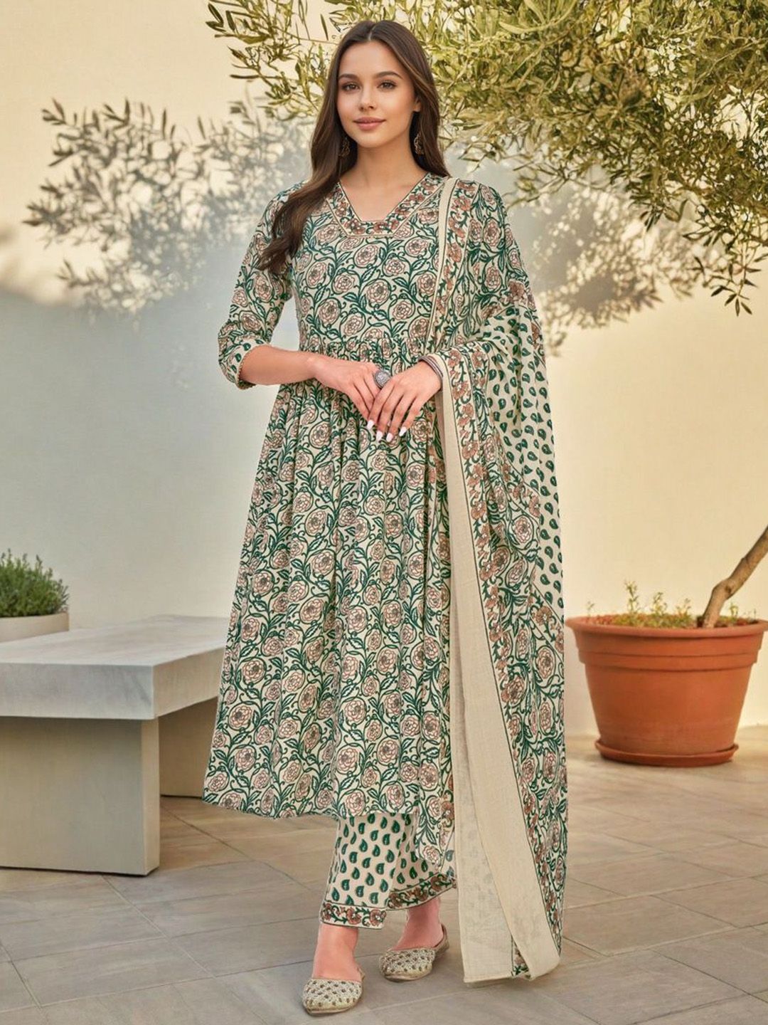 SZN Women Floral Printed Pure Cotton Anarkali Kurta with Palazzo & Dupatta