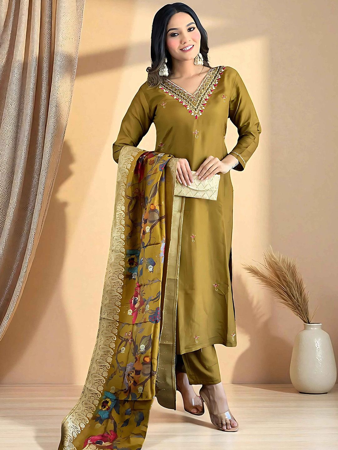 Sangria Women Floral Embroidered Kurta with Churidar & Dupatta