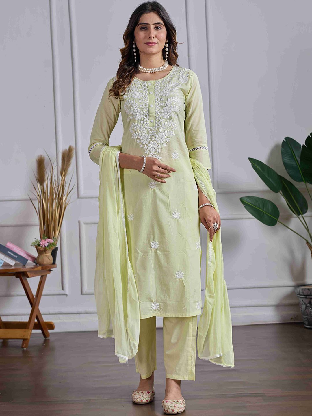 DRUPH & CO Women Floral Embroidered Chikankari Pure Cotton Kurta with Trousers & Dupatta