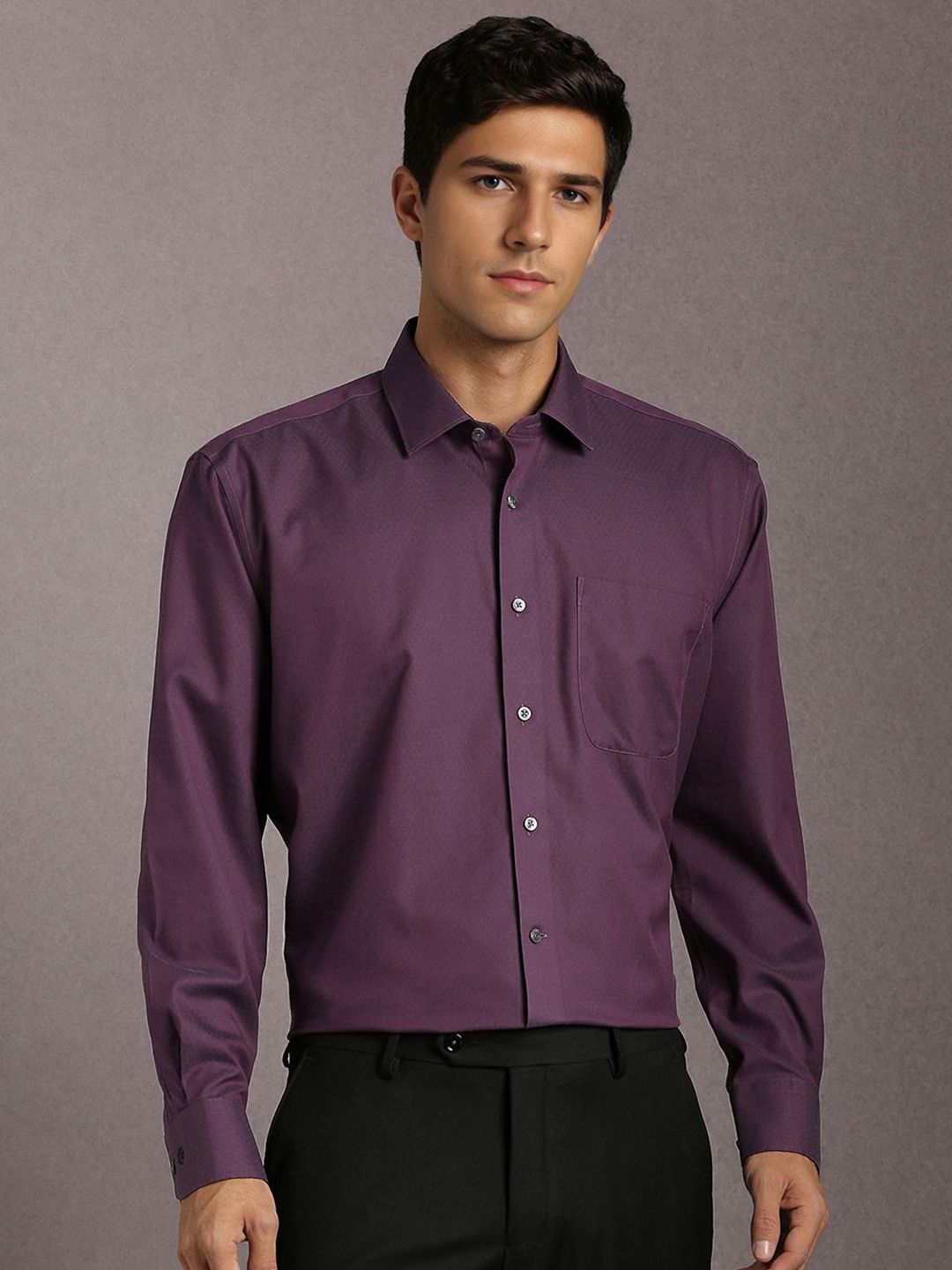 Luxure by Louis Philippe Men Textured Spread Collar Pure Cotton Formal Shirt-picture-37