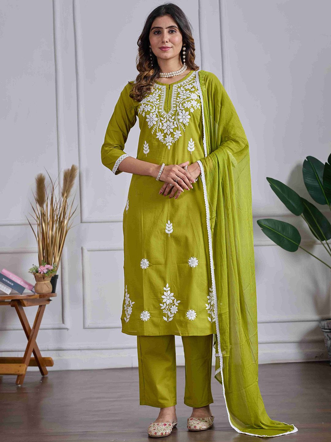 DRUPH & CO Women Ethnic Motifs Embroidered Pure Cotton Kurta with Trouser & Dupatta
