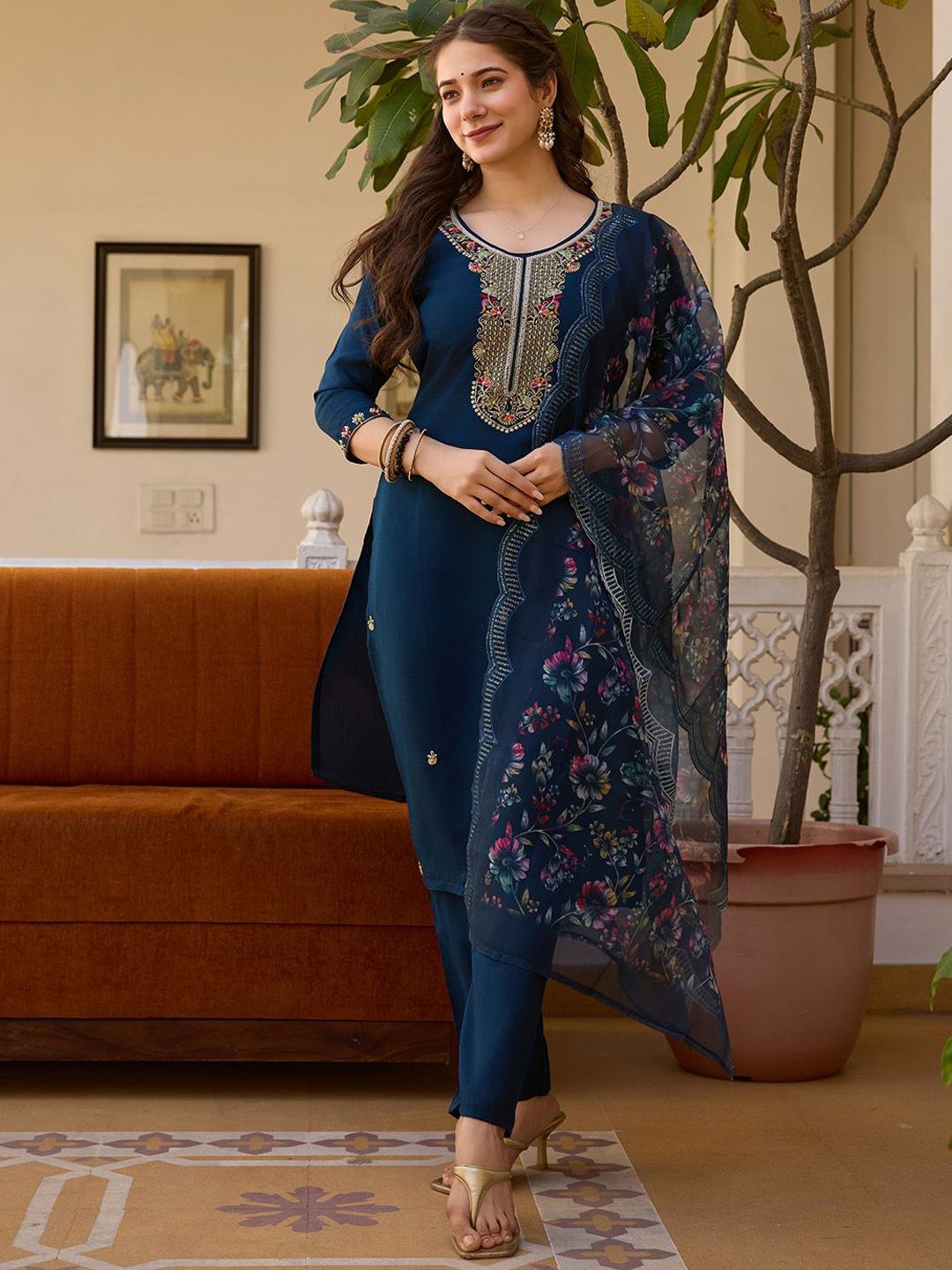 BlueRang Floral Embroidered Beads and Stones Chanderi Silk Kurta With Trouser & Dupatta