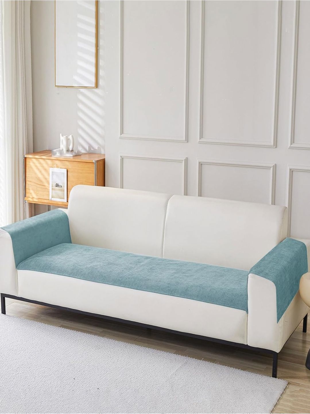 HOUSE OF QUIRK Blue Solid Chenille 2Pcs Armrest & 1Pc Sofa Cover Set-image-34