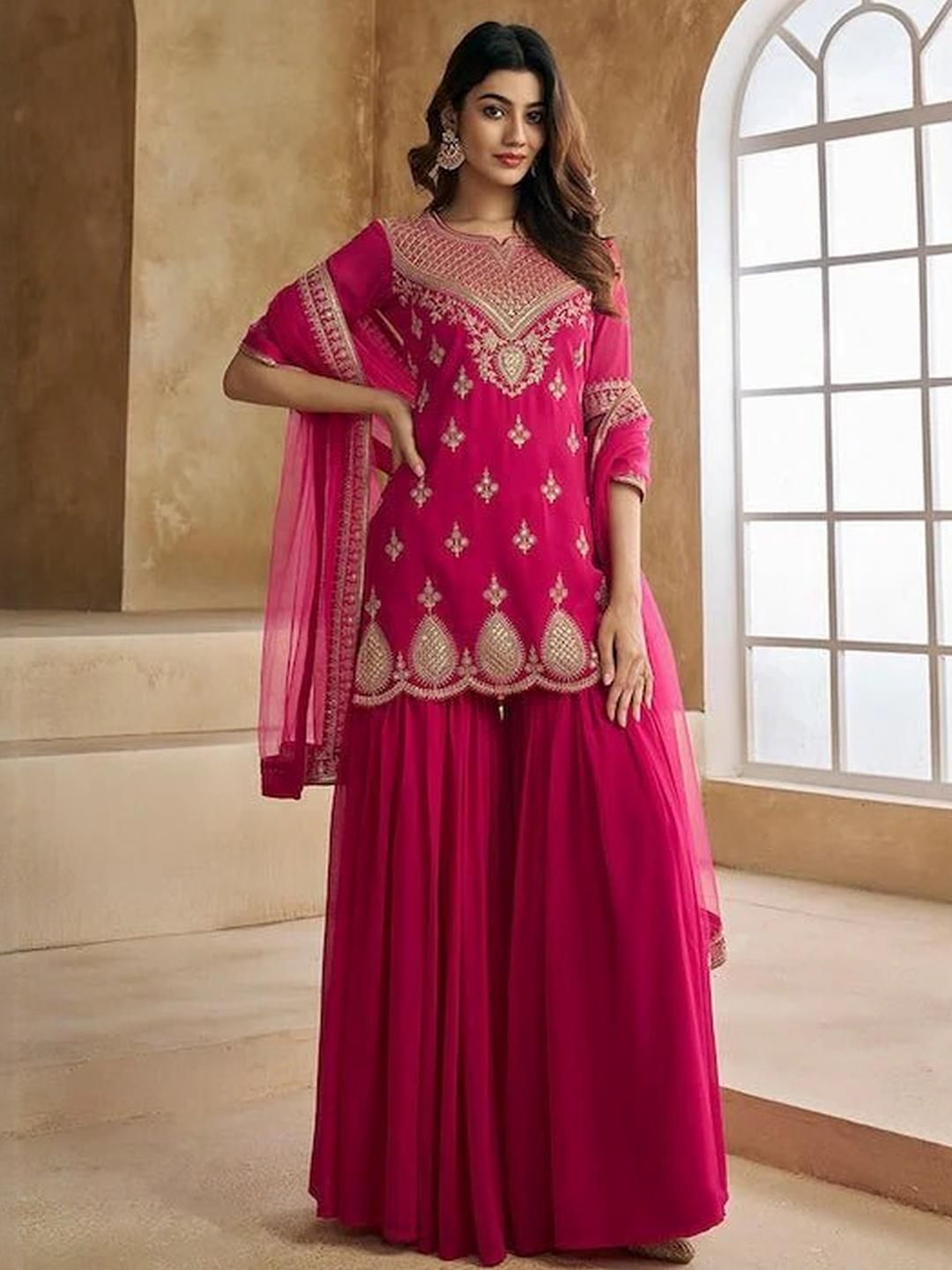 URMIR FASHION Women Pink Regular Kurta with Sharara & With Dupatta