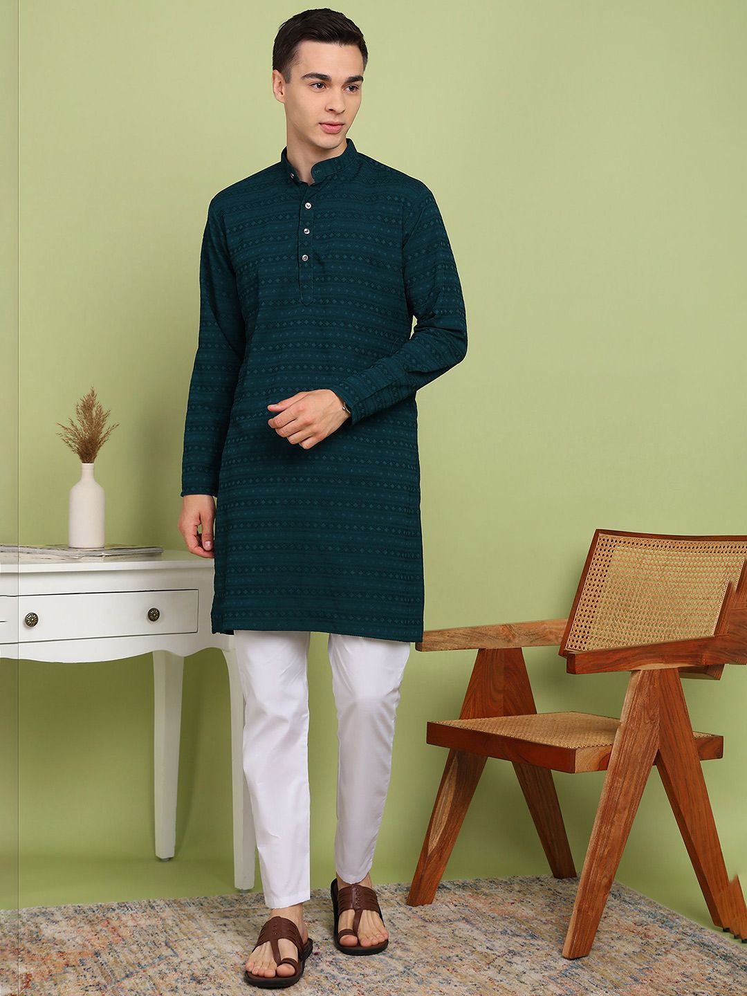 FUBAR Geometric Woven Design Band Collar Straight Kurta-picture-43