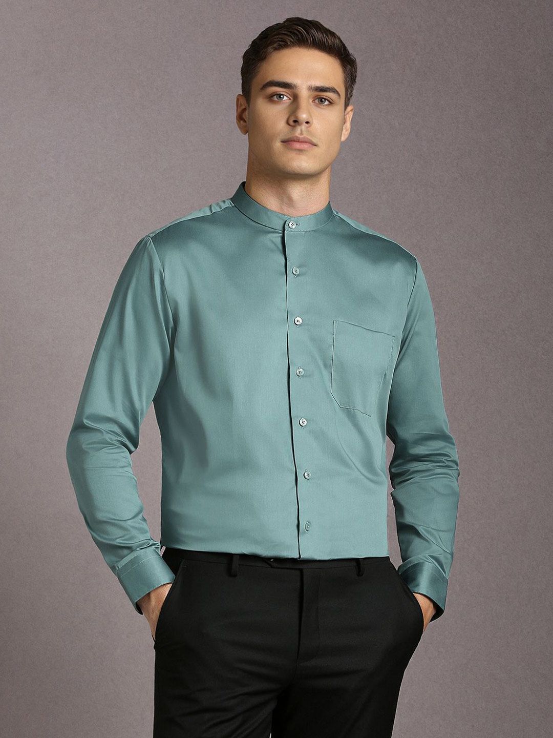 Louis Philippe Men Solid Band Collar Pure Cotton Formal Shirt-picture-23