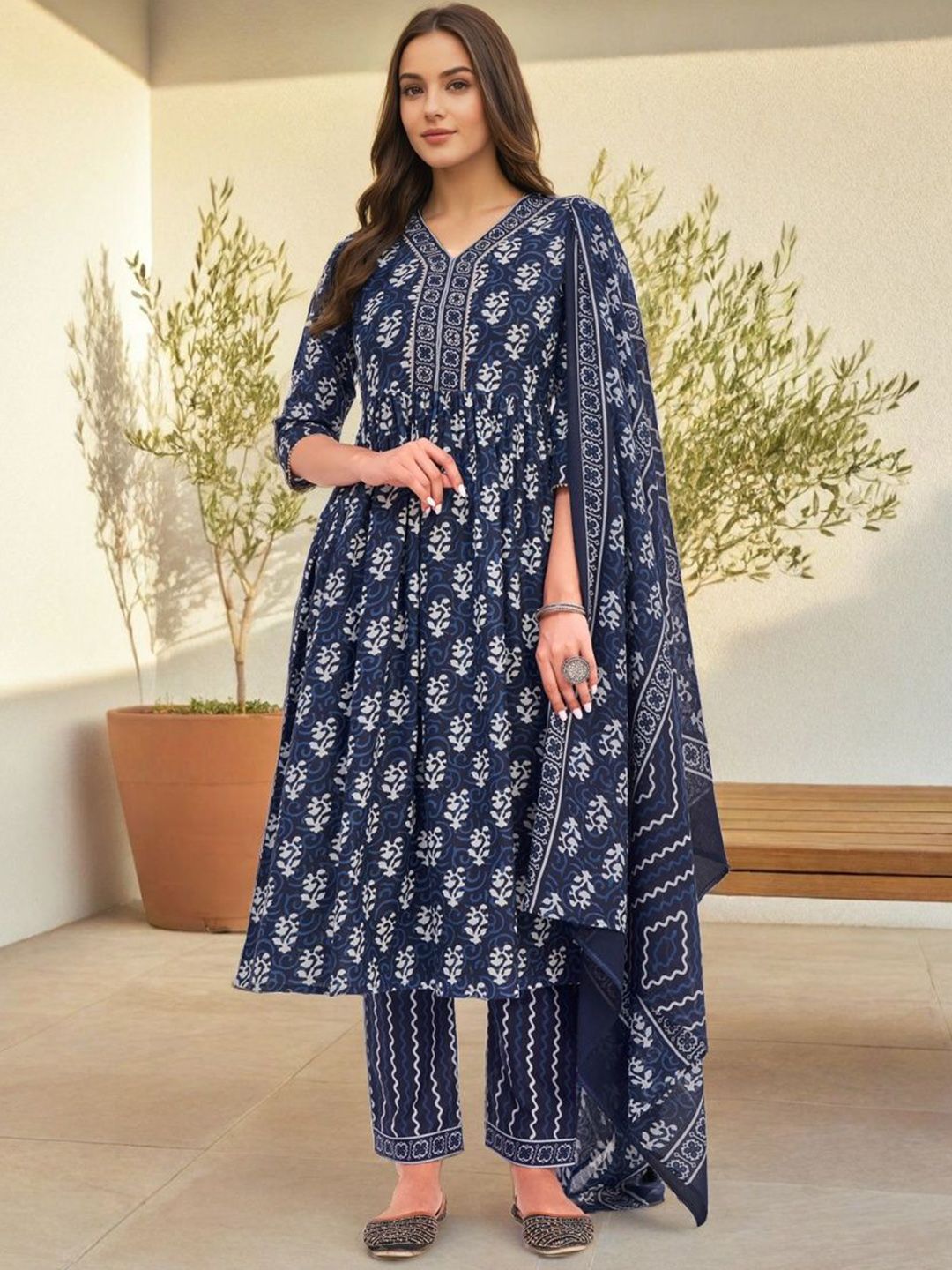SZN Women Ethnic Motifs Printed Pure Cotton A-Line Kurta with Trouser & Dupatta