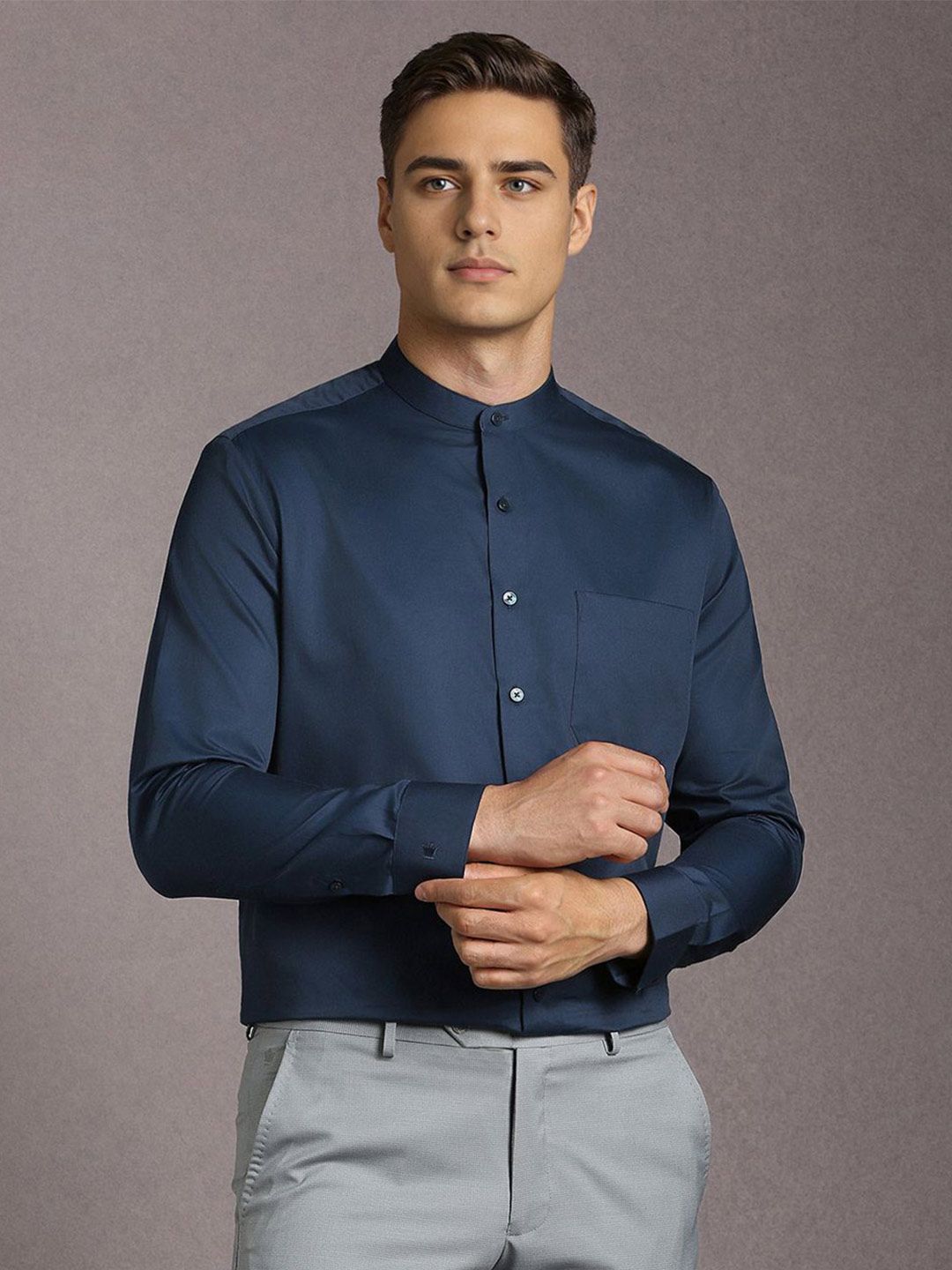 Louis Philippe Men Solid Band Collar Pure Cotton Formal Shirt-picture-21