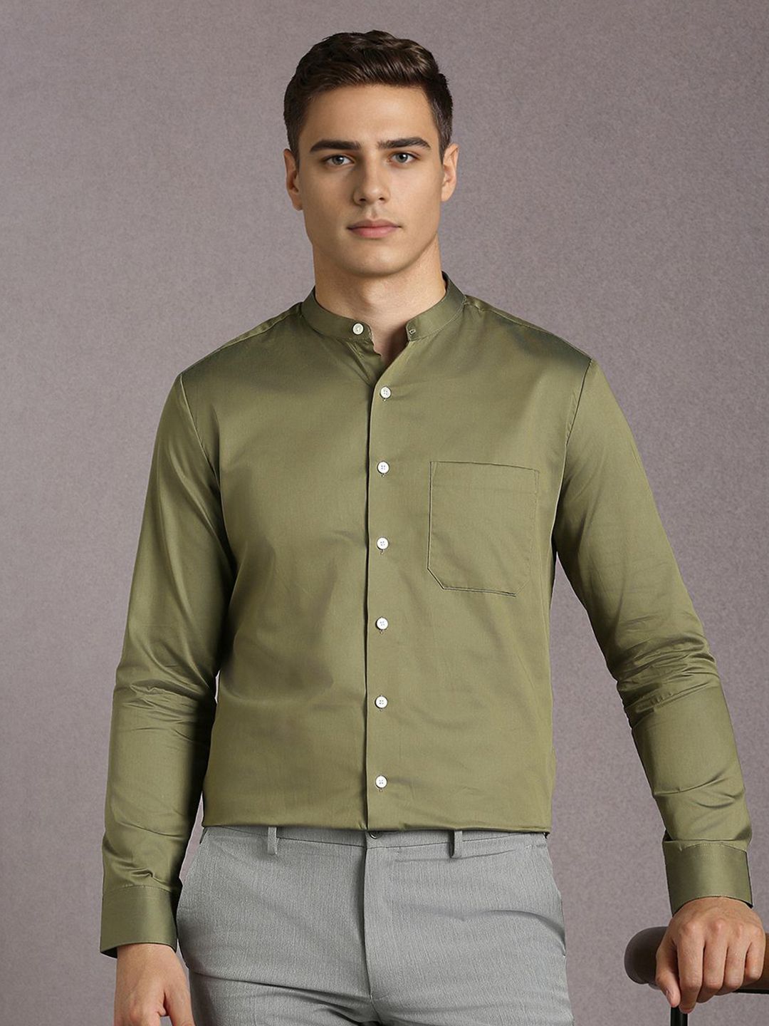 Louis Philippe Men Solid Band Collar Pure Cotton Formal Shirt-picture-19