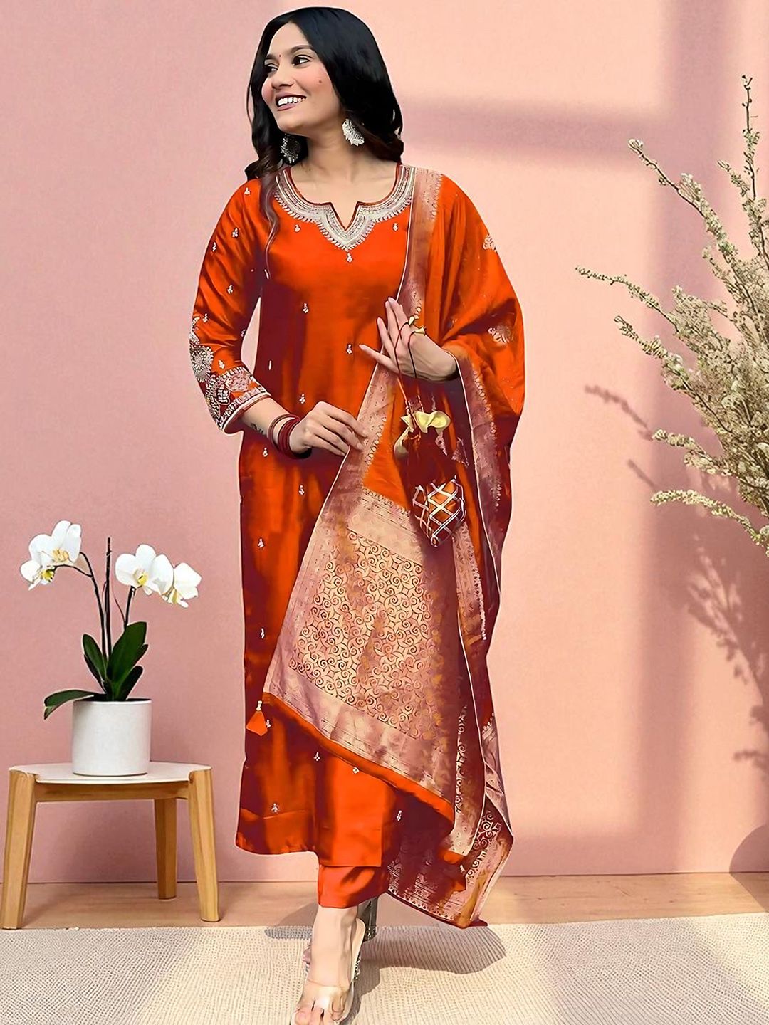 Sangria Embroidered Straight Kurta Pyjama & Dupatta