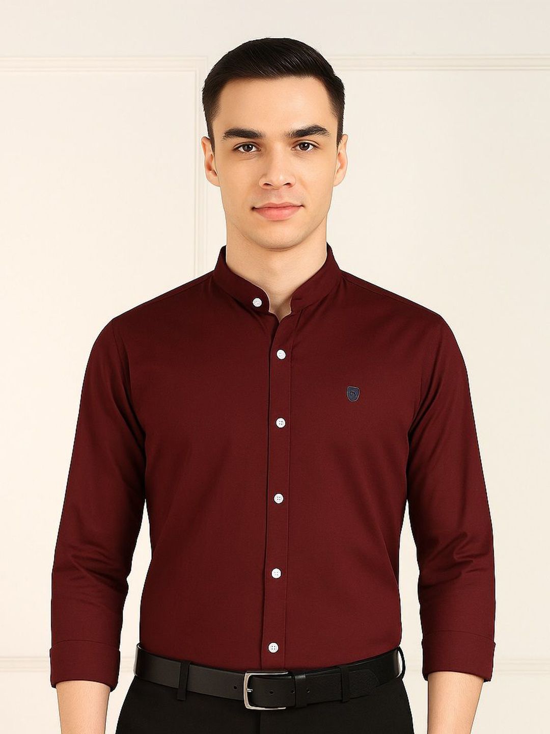 FUBAR Mandarin Collar Pure Cotton Slim Fit Formal Shirt-image-46