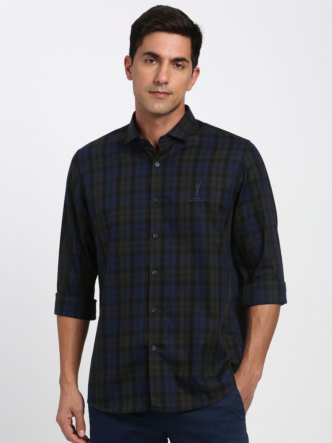 Peter England Casuals Slim Fit Tartan Checks Checked Spread Collar Pure Cotton Shirt-picture-0