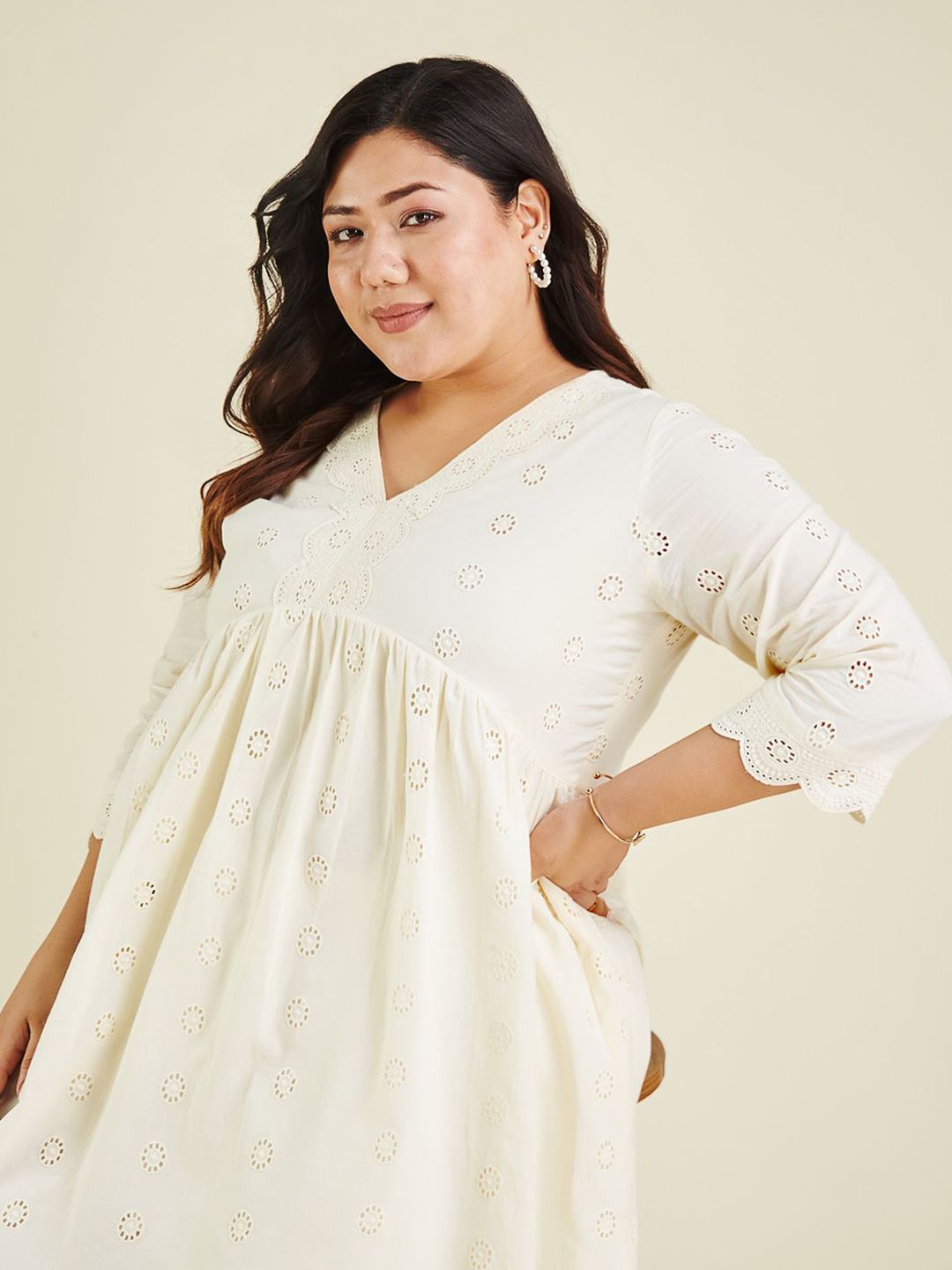 Janasya Women Plus Size Off White Embroidered Pure Cotton Schiffli A-line Tunic-image-11