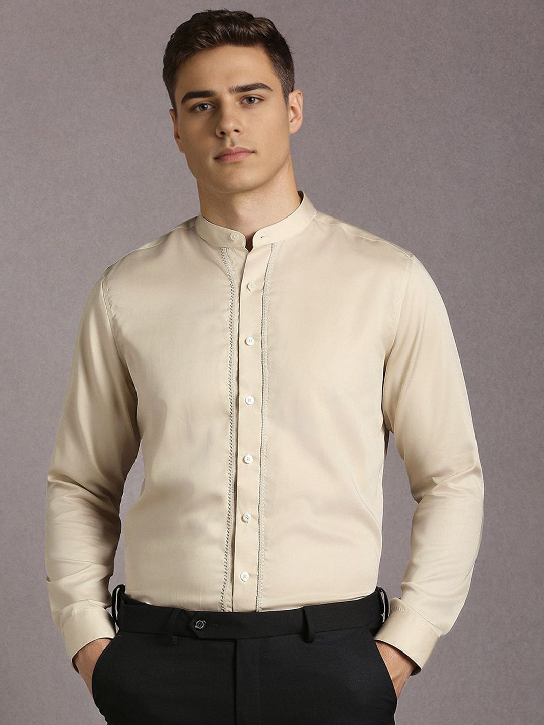 Louis Philippe Men Solid Band Collar Pure Cotton Formal Shirt-picture-26