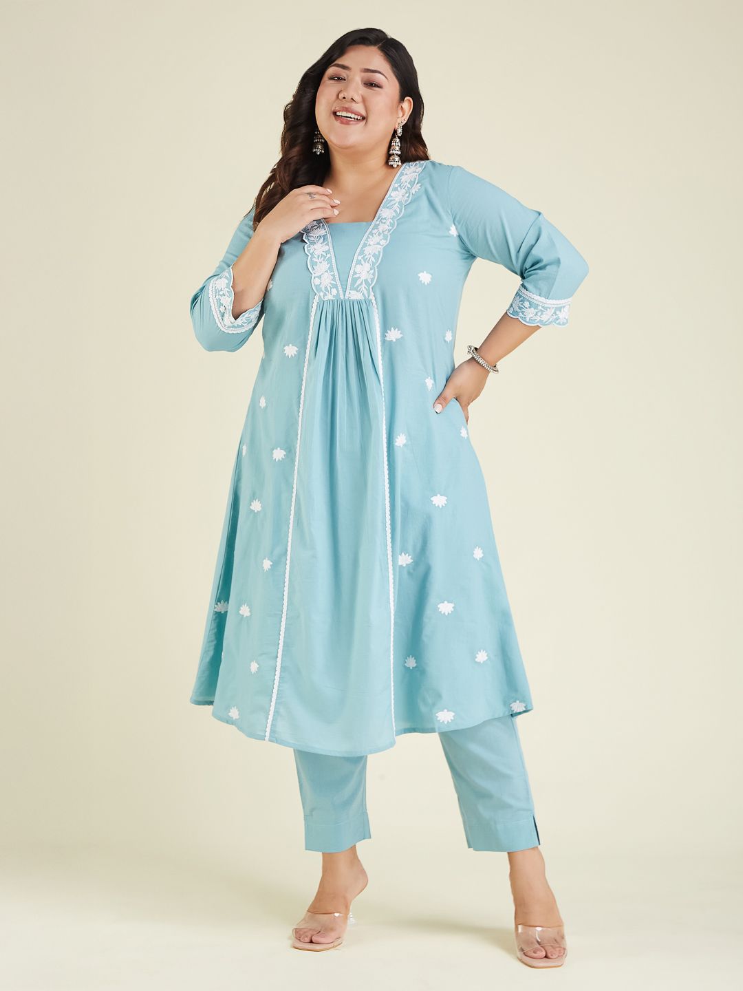Janasya Women Floral Embroidered Pure Cotton A-Line Kurta with Trouser