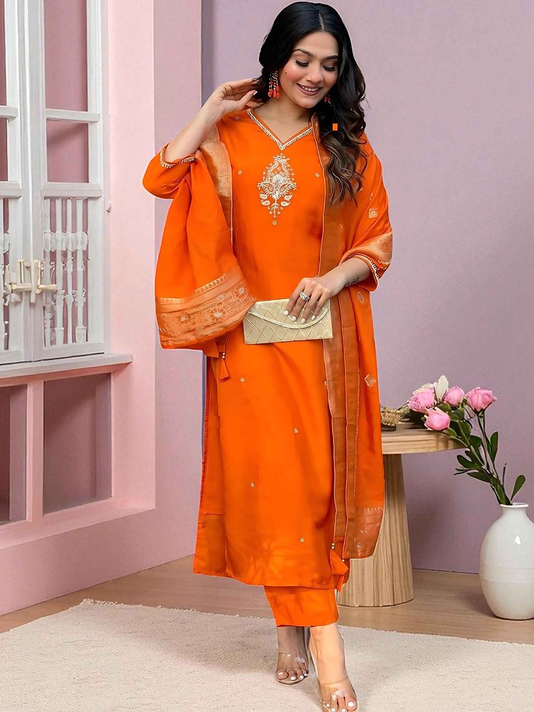 Sangria Women Ethnic Motifs Embroidered Pure Cotton Kurta with Pyjama & Dupatta