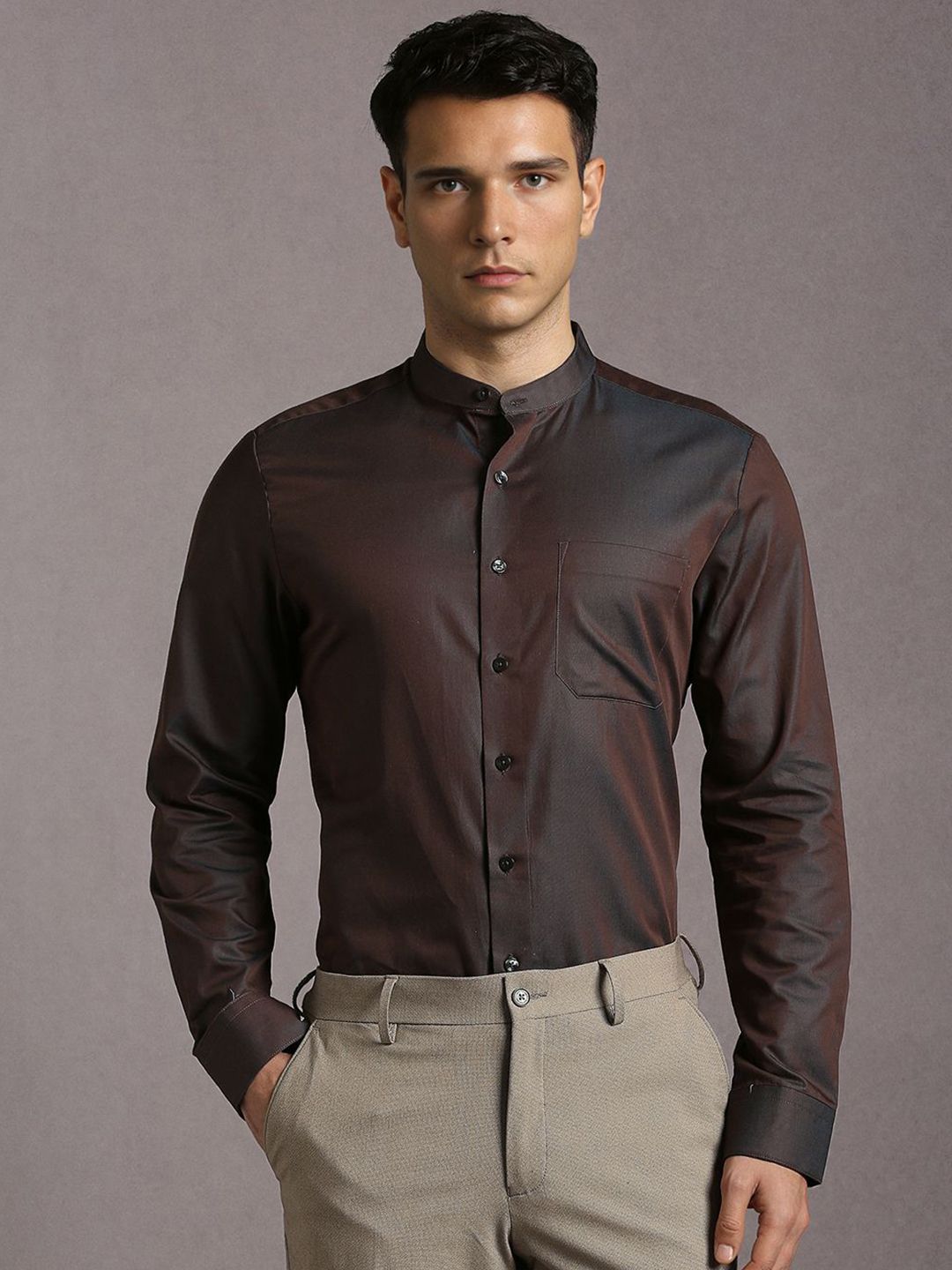 Louis Philippe Men Solid Band Collar Pure Cotton Formal Shirt-picture-15