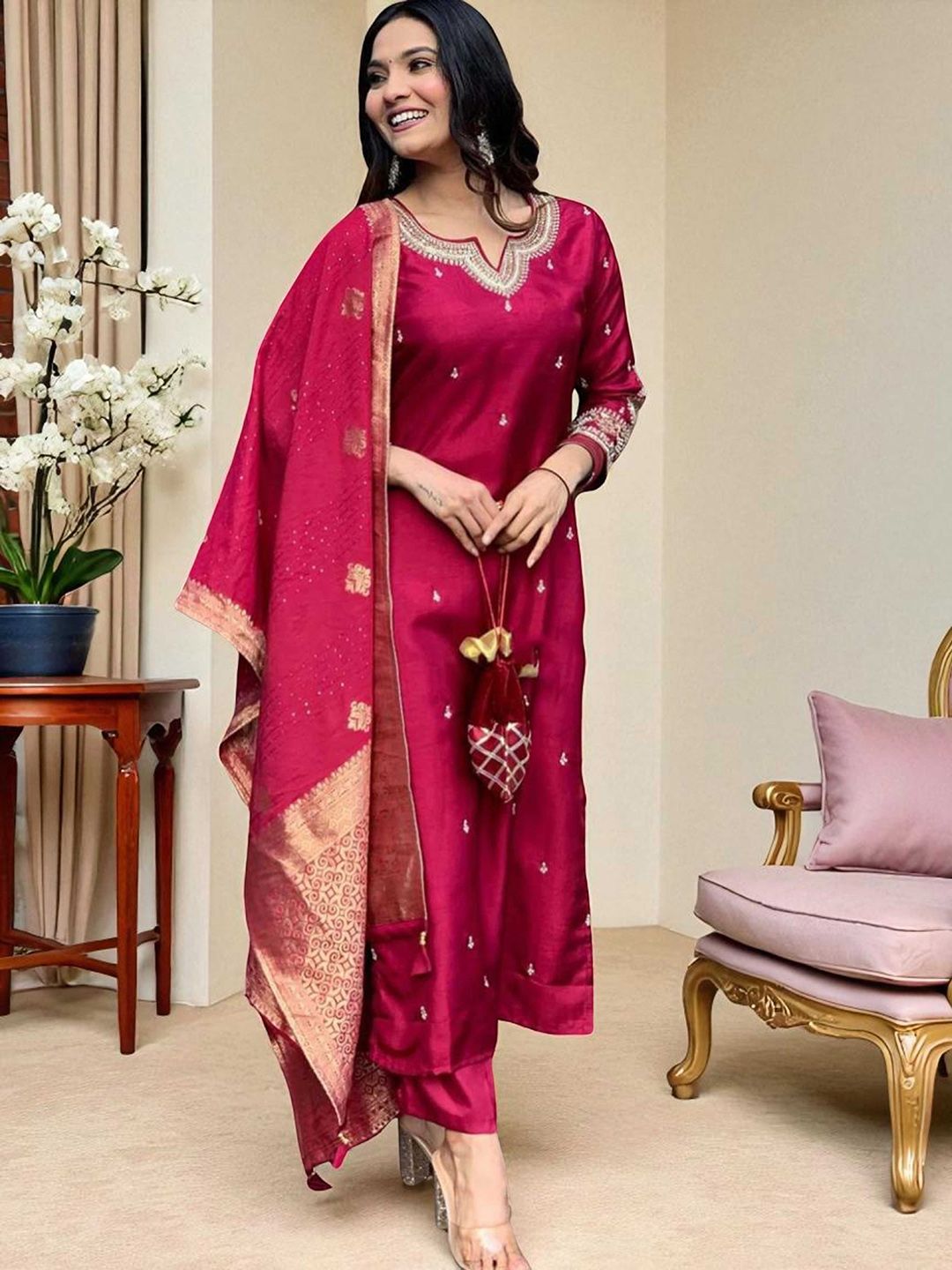 Sangria Women Embroidered Calf Length Regular Straight Kurta & Pyjamas With Dupatta