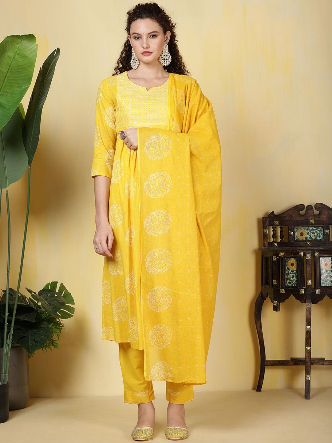 Meena Bazaar Floral Printed Notch Neck Sequinned Anarkali Kurta With Trousers & Dupatta