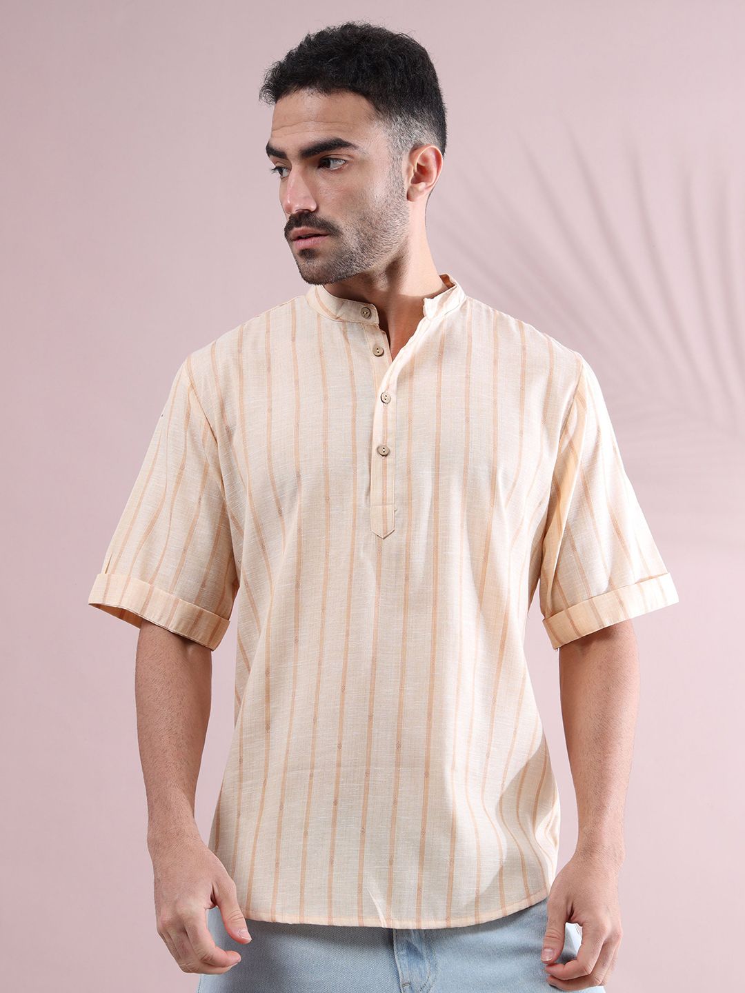FILORI STUDIO Striped Band Collar Pure Cotton Short Kurta-picture-45