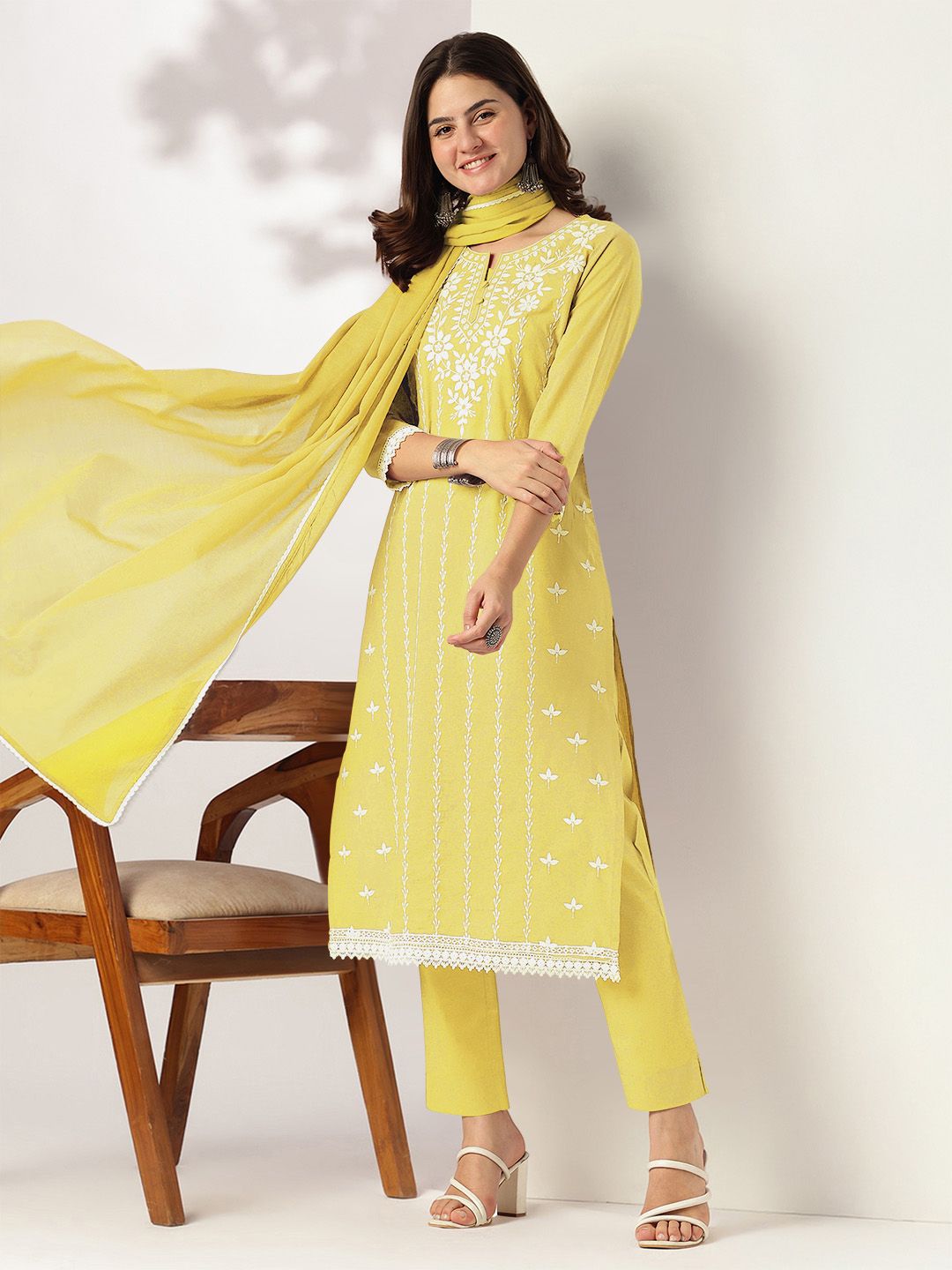 Janasya Women Yellow Pure Cotton Embroidered Straight Kurta Set