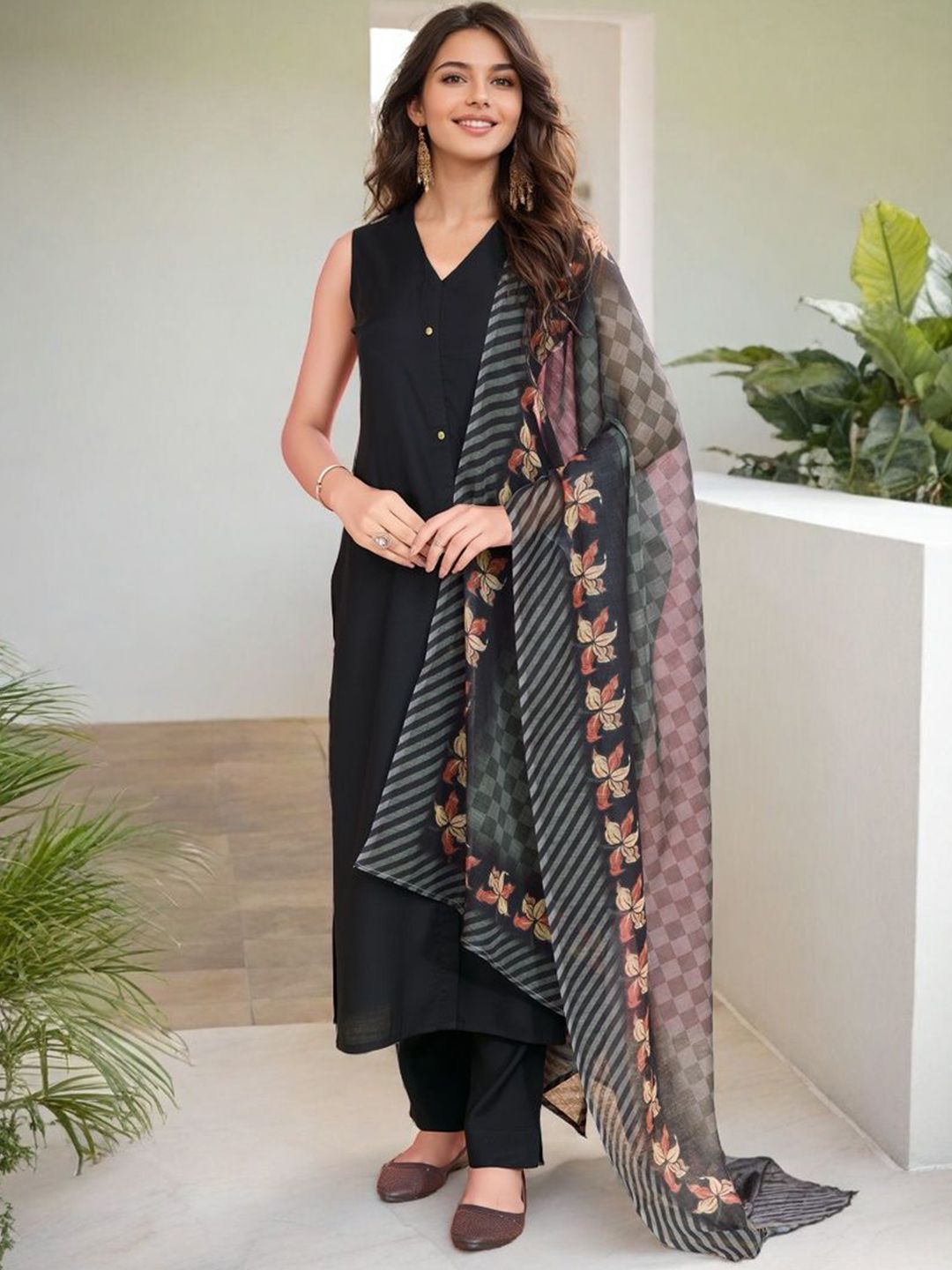 SZN V-Neck Straight Kurta With Trousers And Dupatta