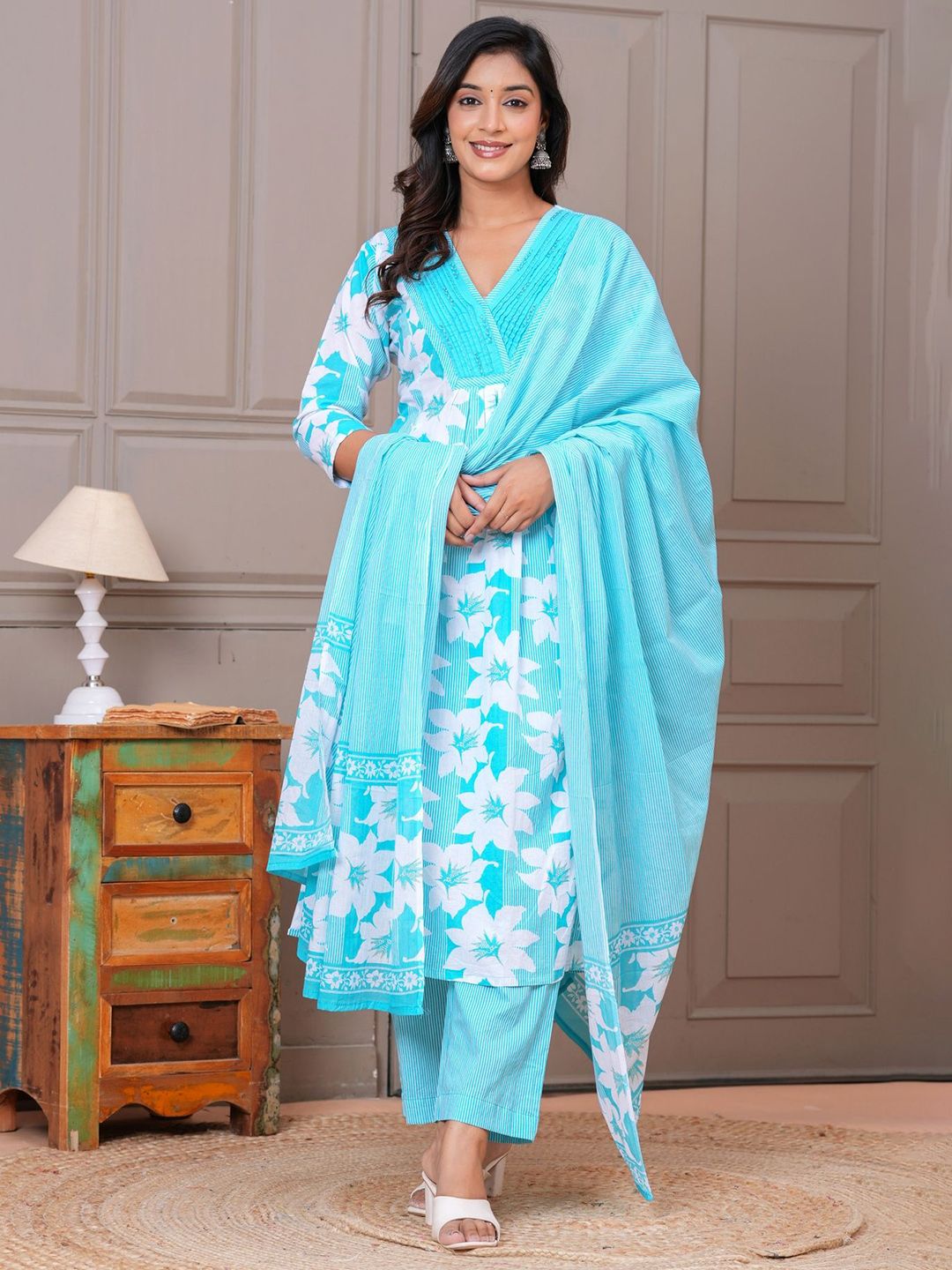 Kanahari Women Printed Regular Beads and Stones Pure Cotton Kurta with Trousers & Dupatta