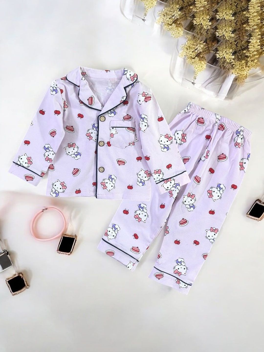 TrendyKid Girls Printed Lapel Collar Shirt With Pyjama-picture-42