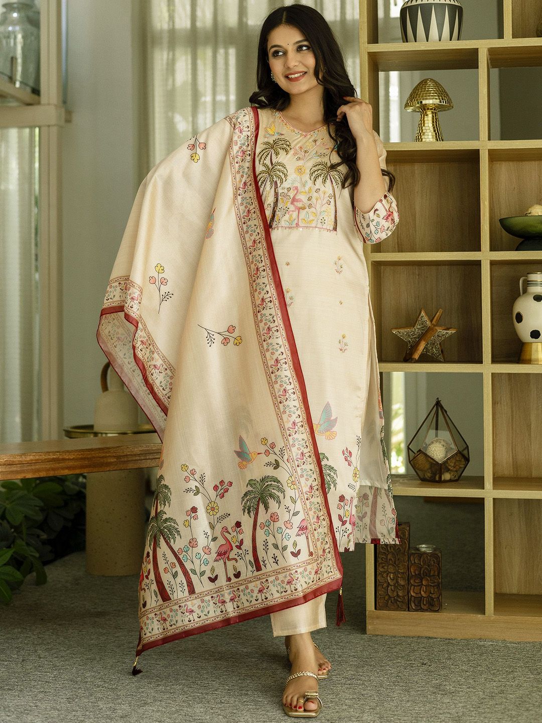 BlueRang Women Embroidered Beads and Stones Kurta with Trousers & Dupatta