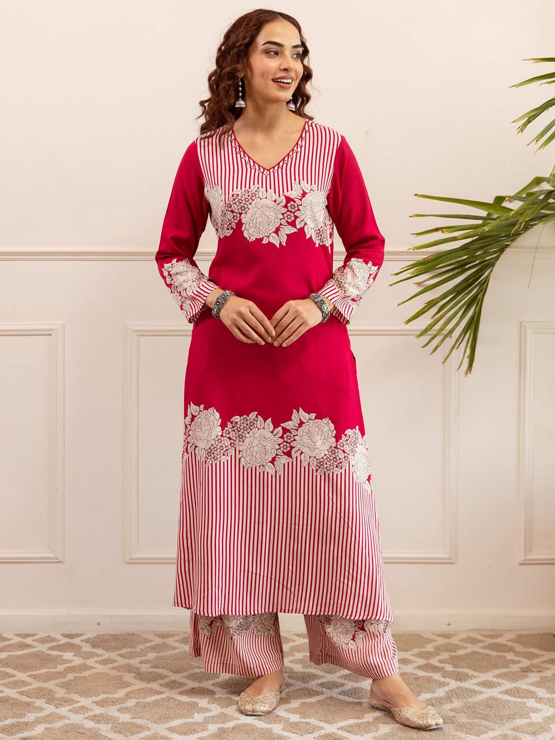 Nehamta Floral Printed V-Neck Straight Sequinned Kurta With Palazzos
