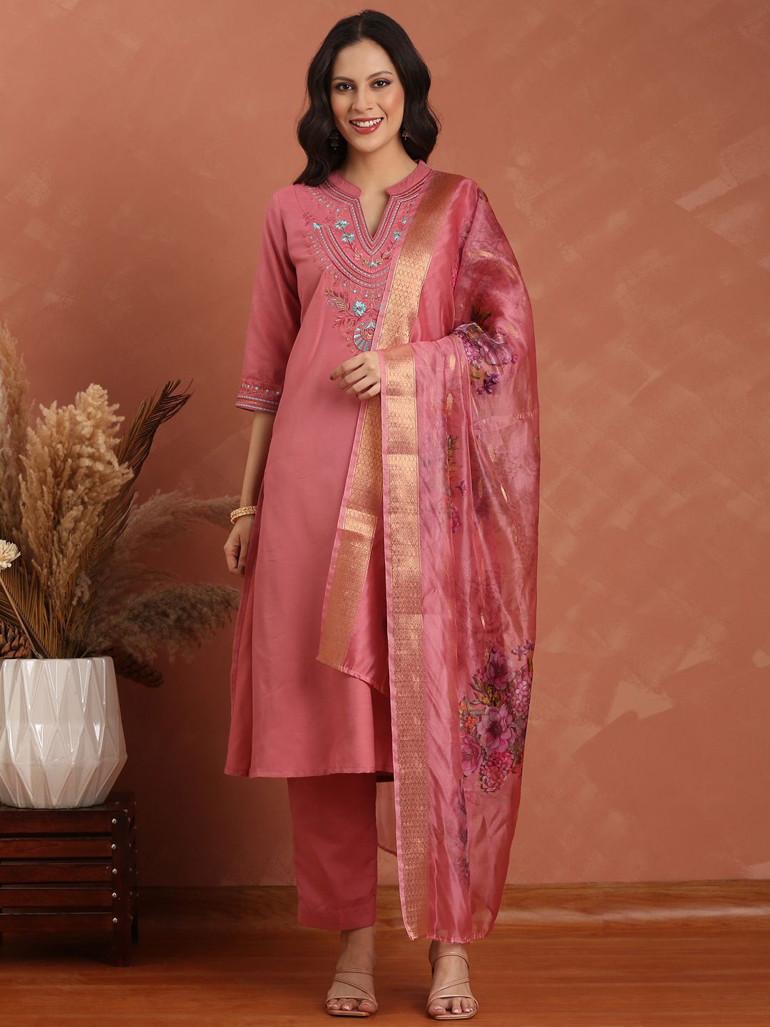 Anouk Floral Embroidered Regular Thread Work Kurta with Trousers & With Dupatta