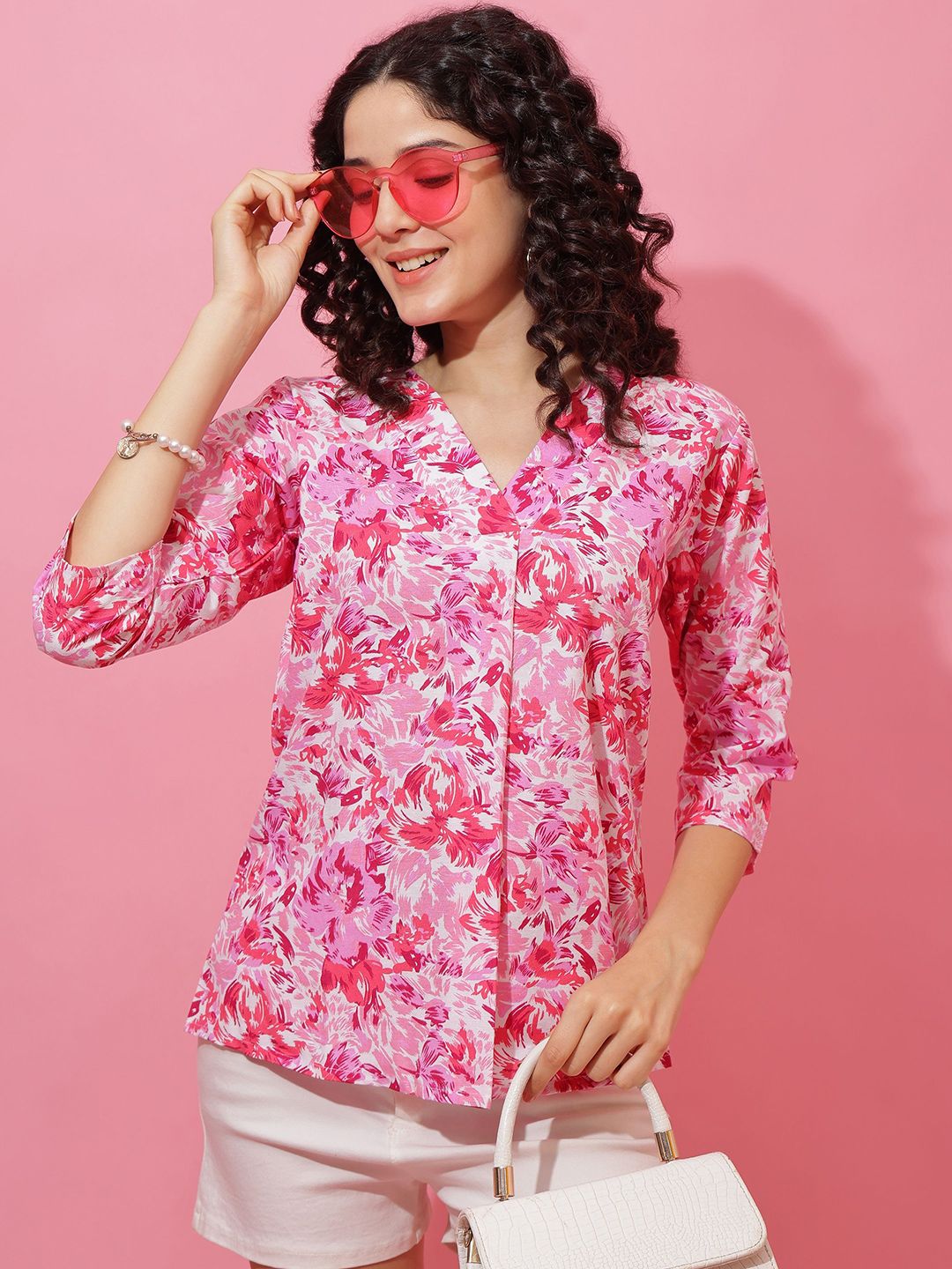 SHEETAL Associates Floral Printed V-Neck Shirt Style Top-picture-28