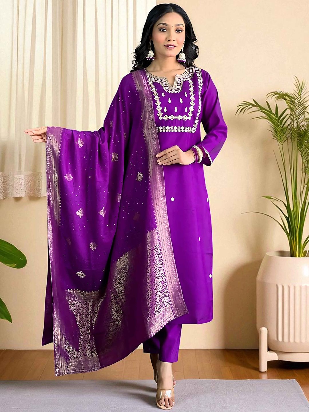 Sangria Women Embroidered Pure Cotton Kurta & Trousers With Dupatta