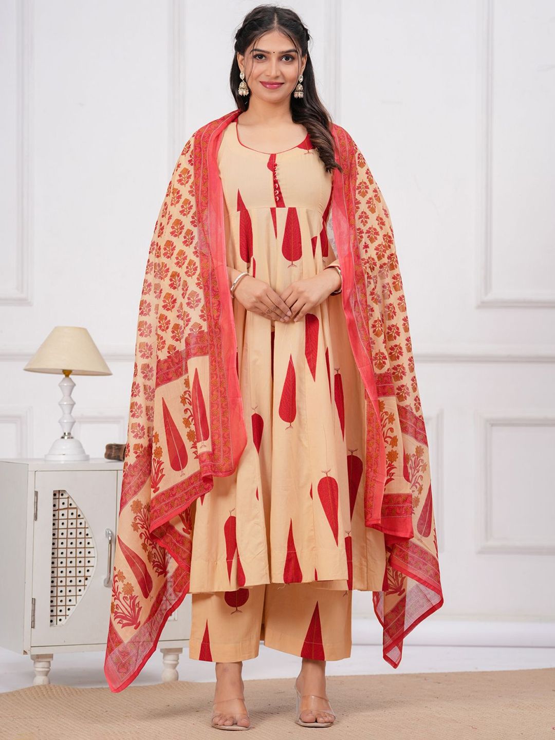 EtnicaWear Women Paisley Printed Cotton Anarkali Kurta with Palazzos & Dupatta