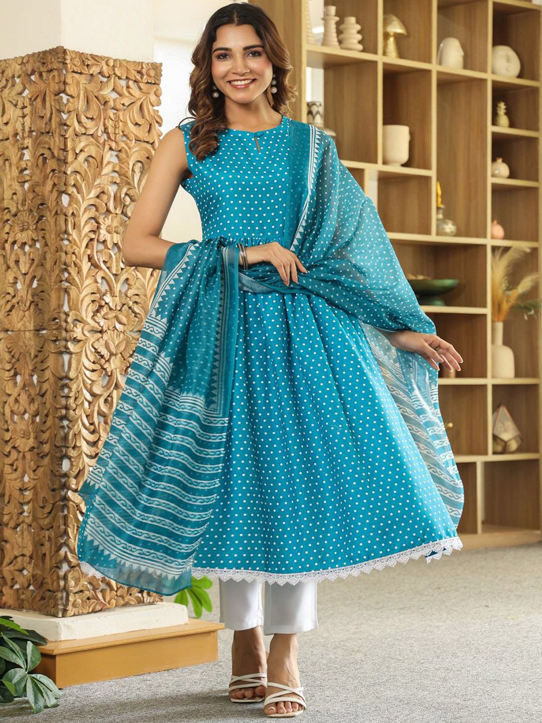 KALINI Women Geometric Printed Anarkali Kurta with Trousers & Dupatta