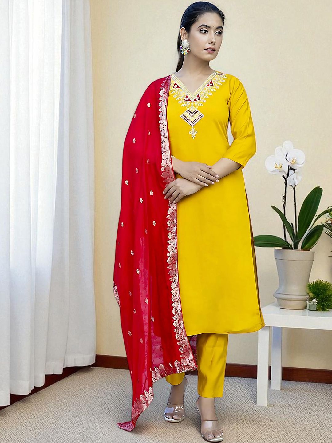 Sangria Floral Embroidered Thread Work V-Neck Straight Kurta With Trouser And Dupatta