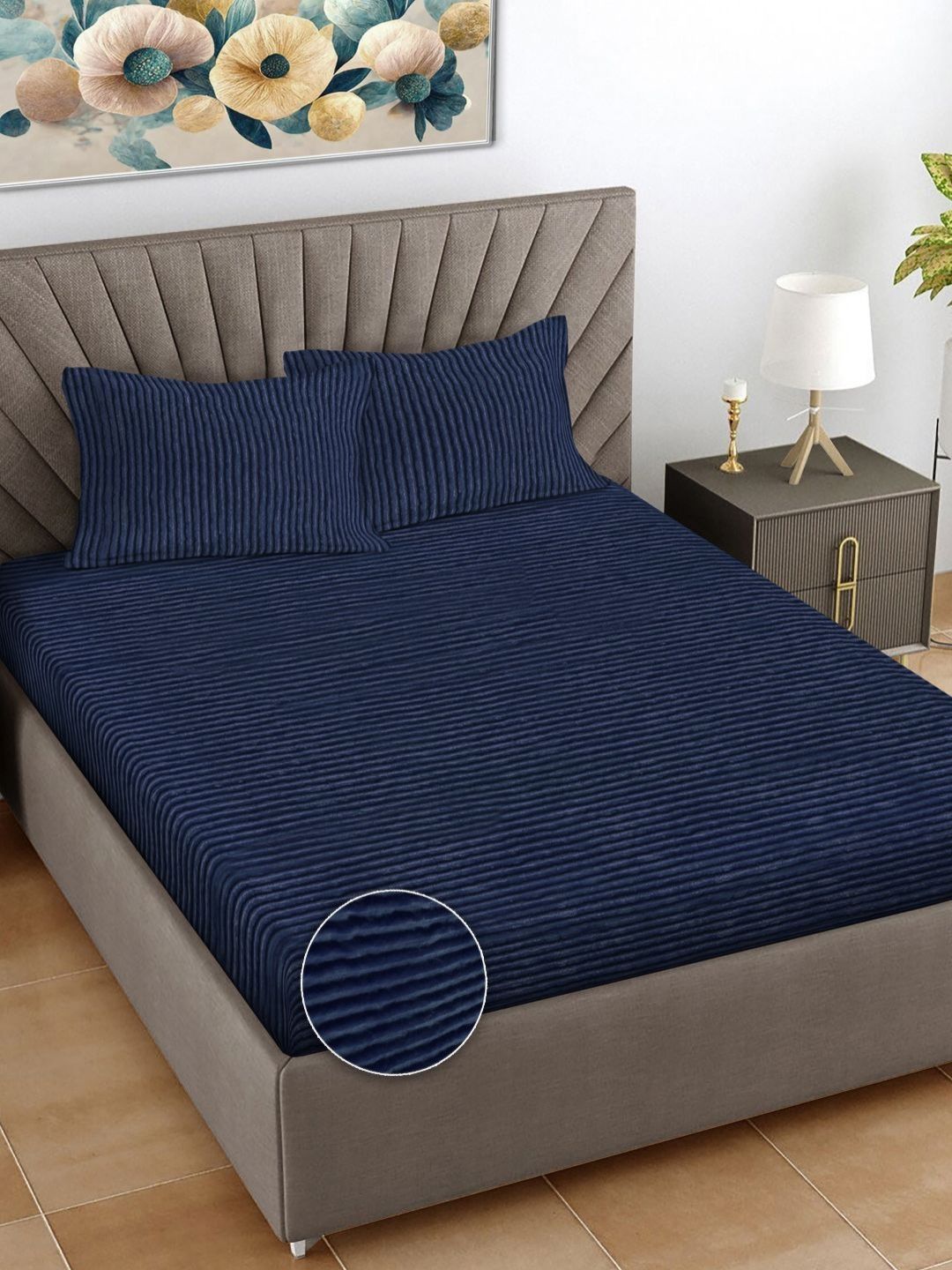 Myntra Elegant Homes Navy Blue Striped 300 TC King Bedsheet with 2 Pillow Covers-picture-30