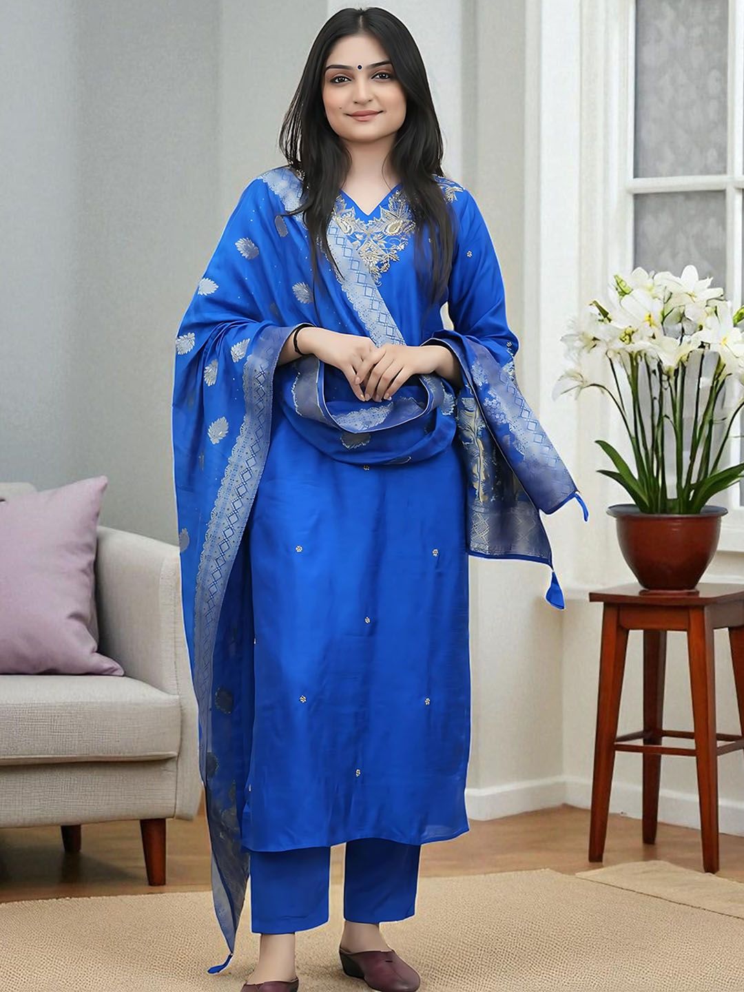 Sangria Floral Embroidered Thread Work V-Neck Straight Kurta With Trouser And Dupatta