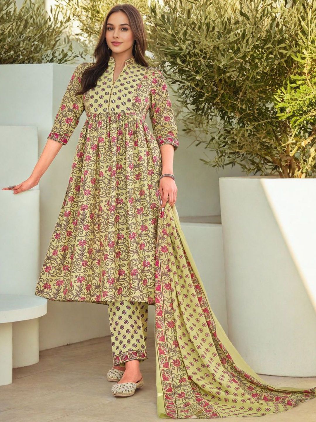 SZN Women Floral Printed Cotton Anarkali Kurta with Trousers & Dupatta