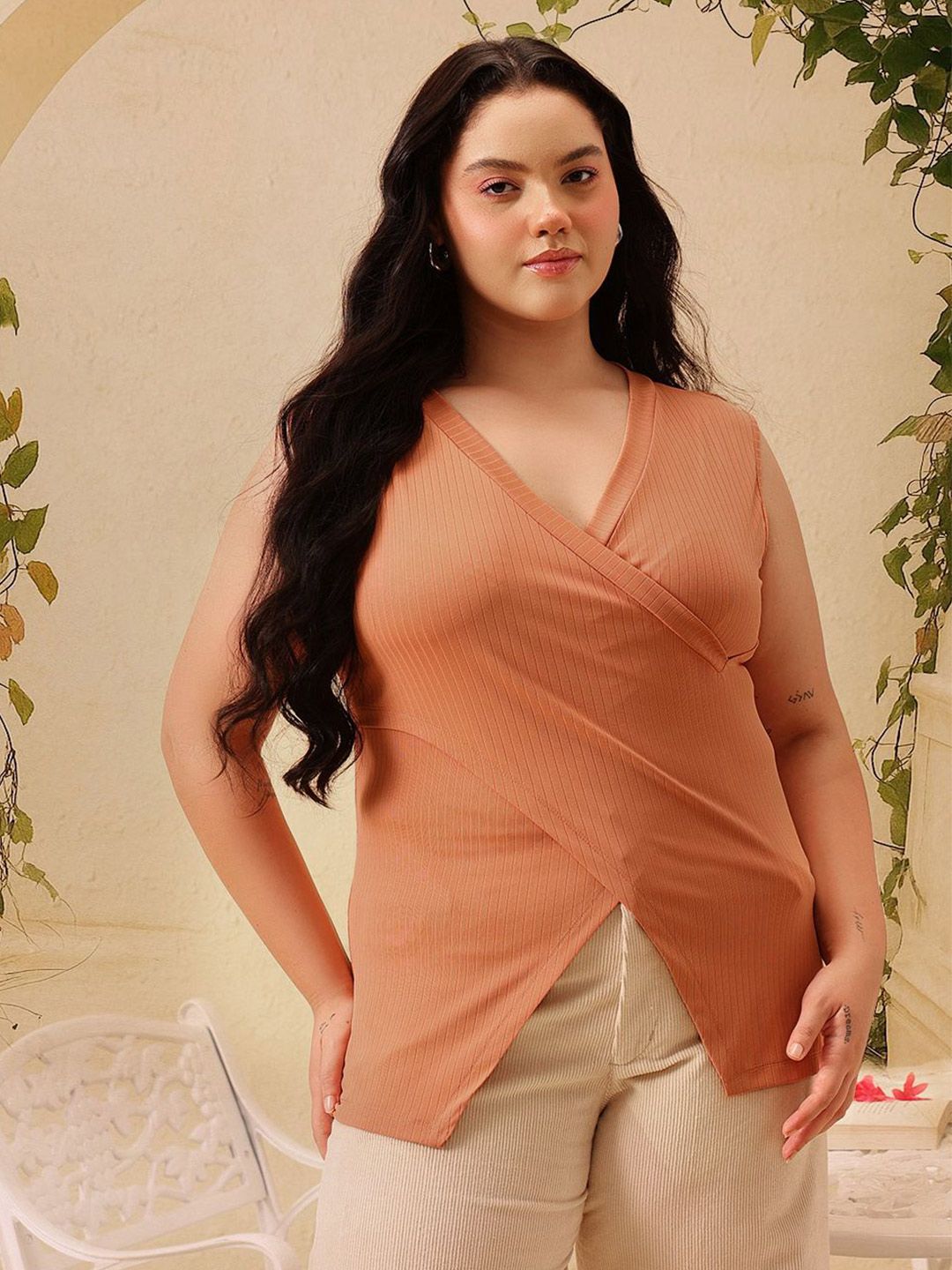 CURVY STREET Women Plus Size Ribbed V-Neck Wrap Top-picture-30