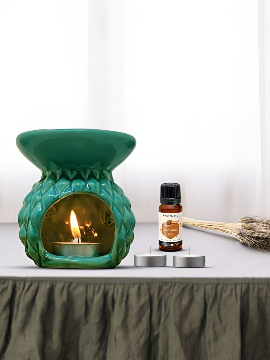 PEEPALCOMM 4Pc Green Texture Ceramic T-Light Burner Diffuser With Scented Aroma Oils-15 ml-image-14