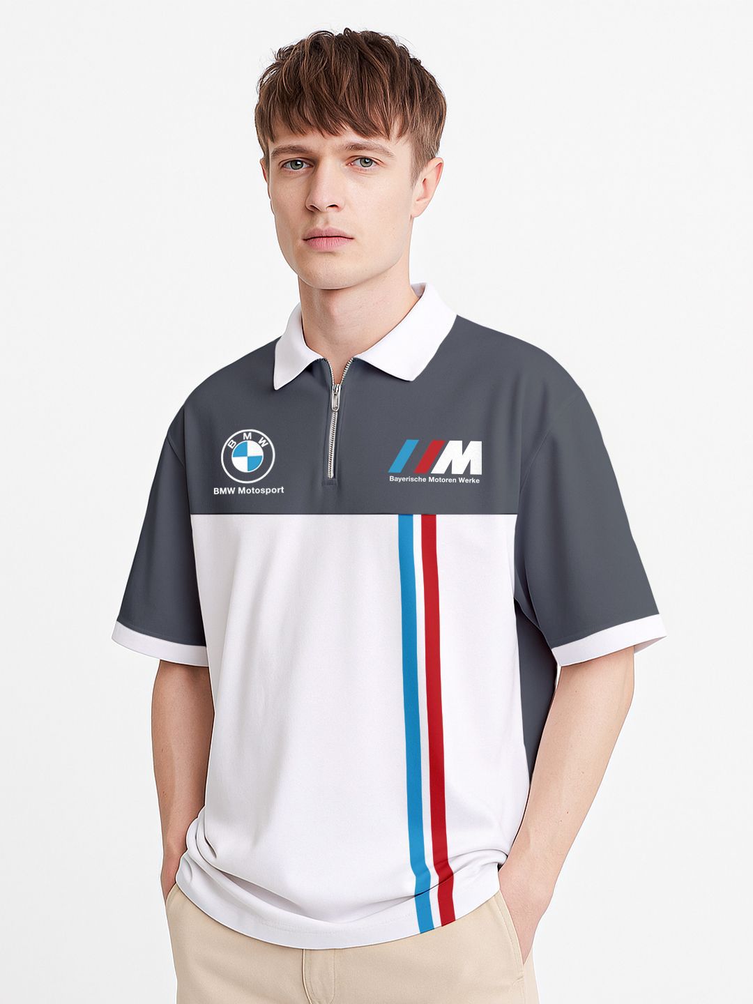 crazymonk men colourblocked polo collar cotton oversized t-shirt