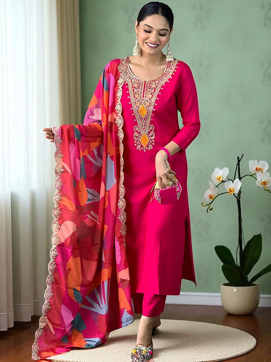 Sangria Women Embroidered Calf Length Regular Straight Kurta Pyjama & Dupatta