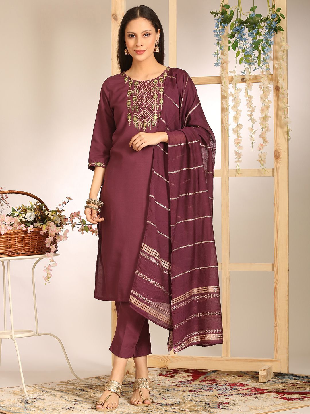 Anouk Women Floral Embroidered Kurta with Trousers & Dupatta